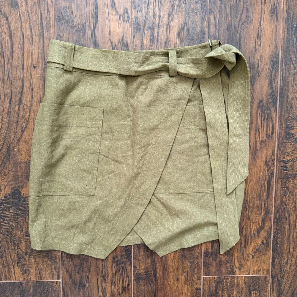 Madewell Size 2 Olive Portside Silk Blend Faux Wrap Skirt with Tie Belt